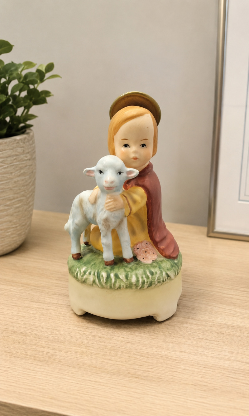 Vintage Lefton China Boy Holding Lamb Music Box Hand Painted Porcelain Figurine